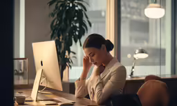 the woman sitting at her desk is looking at her computer