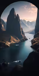 an outdoor tunnel overlooks a scenic lake and mountains