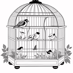 a bird in a cage with some leaves,a bird cage that has three birds inside it