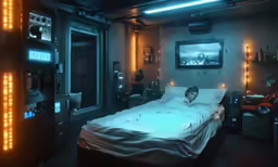 the young boy is on his bed and looking at the lights