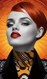 a digital painting of a woman with an orange hair and yellow makeup