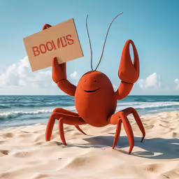 a crab on the beach holding up a sign that says boomis