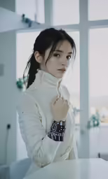 a woman with long hair wearing a sweater and a wrist watch