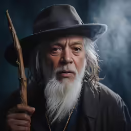 an old man with a gray beard holding a stick