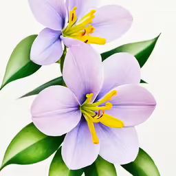 three blue and yellow flowers with green leaves