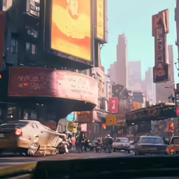 a busy city intersection with people crossing the street and pedestrians
