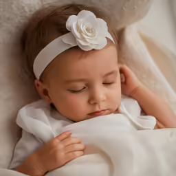 a baby girl wearing a white flower in her hair