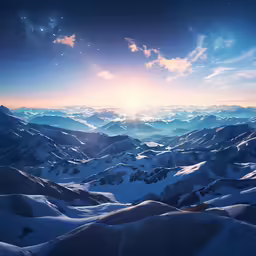 the view from above looking at mountains, the sky and stars in the night sky