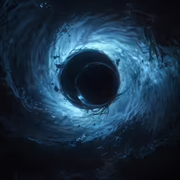 a dark blue tunnel with a circular opening and bubbles