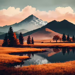 the sun rises in the mountains and reflects in the water,there is a photo of a grassy landscape