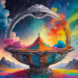 a person sitting on top of a colorful object