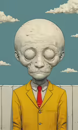 a man with an odd head and yellow jacket