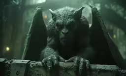 a monster with two claws on a post in the middle of the forest
