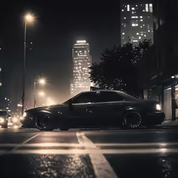 a black car parked next to the road at night