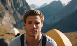 a man with suspenders in the mountains looking off into the distance