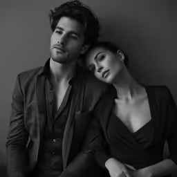 two people in black and white are leaning against a wall