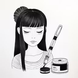 a woman holding up a paintbrush and bottle