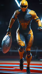a man in yellow and black suit running with a helmet,the person in the body suit has a baseball bat