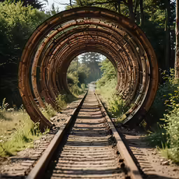 a long rail line with a tunnel on one side