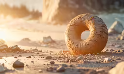 a giant donut with holes left on it laying in the sand