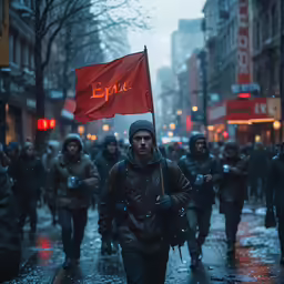 people walking in the rain with flags and snow