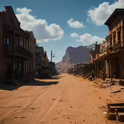 a dirt road through a small town with many buildings