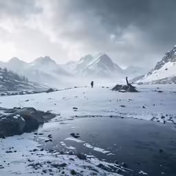 people on snow covered land with water and snow