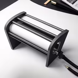 a magazine holder and a telephone with a microphone on top