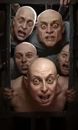 several bald men with different facial expressions behind bars
