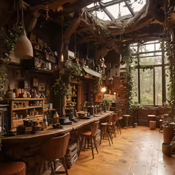 the room has several windows, many wooden chairs, and lots of plants