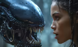 an alien woman looking into the eyes of a giant predator
