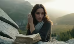 a woman reading a book while sitting on a rock