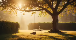 a table and chair sit beneath the shade of a tree