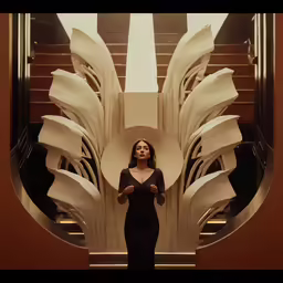 a woman standing in front of an art display