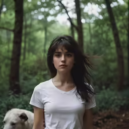a young woman with dark hair in the woods