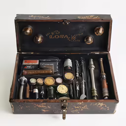 an old, battered box with some random items inside it