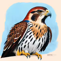 a bird of prey sitting on the sand, and looking into the camera