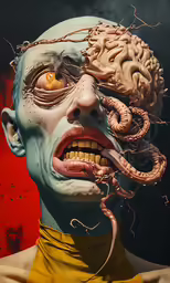 a creepy clown with an eye that is open and the brain inside