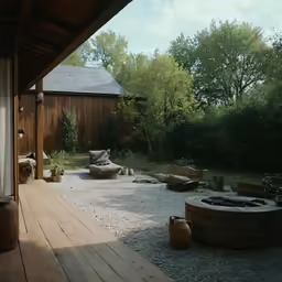 the patio with gravel is outside near a house