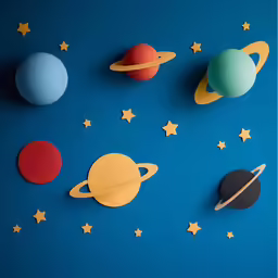 there are planets and stars above the blue background
