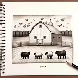 a drawing of some animals on a farm,there is a pen drawing of sheep and barn