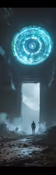 man in dark sci - fi space station standing inside doorway