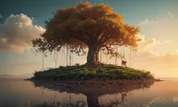 the cow is standing under the tree in the water,an animal sitting on a small island with trees