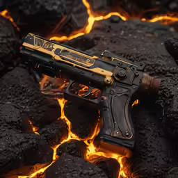 a pistol with gold accents lying on a pile of lava