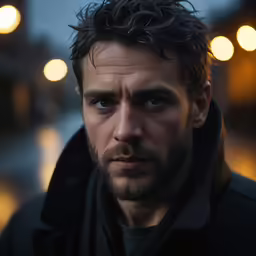 a man looking off to the side with street lights in the background