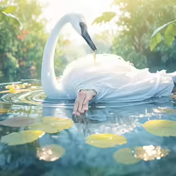 a white swan laying on its side in some water