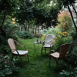 three lawn chairs sitting in a garden with green grass