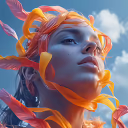 a woman with bright orange and yellow feathers in her hair