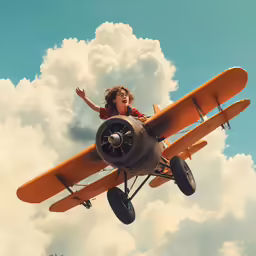 a young child flying in the sky next to an older aircraft