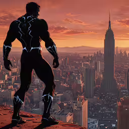 a character standing in the middle of a city,a man standing on top of a large building near tall buildings